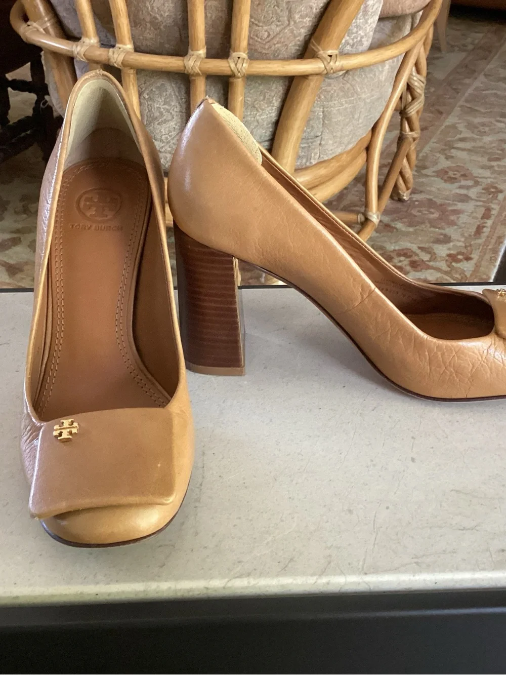 Tory Burch Tan Leather Block Heel Pumps with Gold Logo